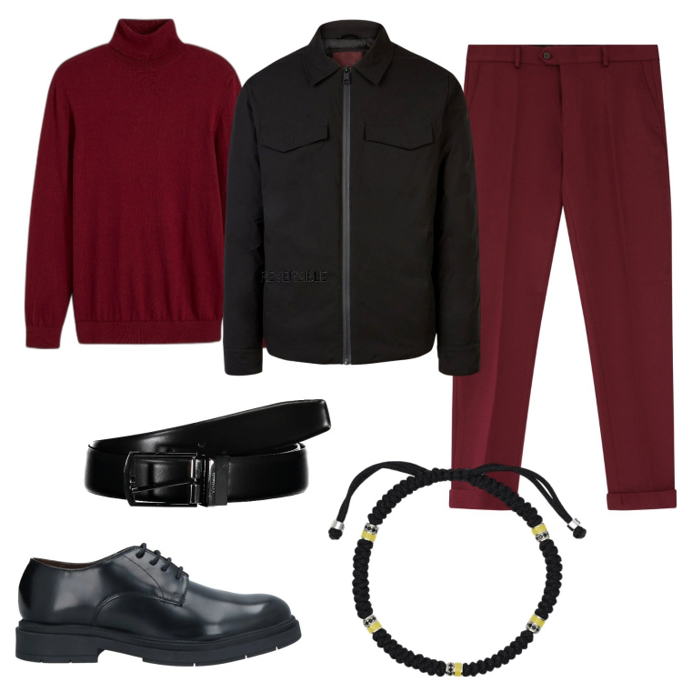 Outfit uomo - Borgogna a novembre. Stile Casual per Tutti i giorni. Abbinamento con maglieria, scarpe stringate, braccialetti, pantaloni, cinture, piumini.