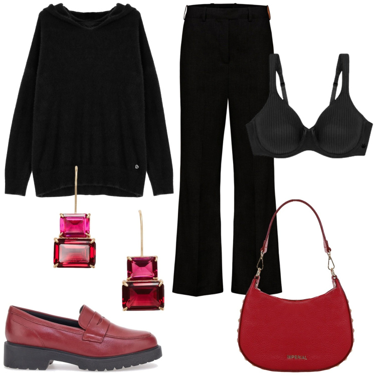 Outfit donna - Mocassini per l\'autunno. Stile Casual per Ufficio. Abbinamento con felpe con cappuccio, borse a spalla, orecchini, reggiseni, mocassini, pantaloni.