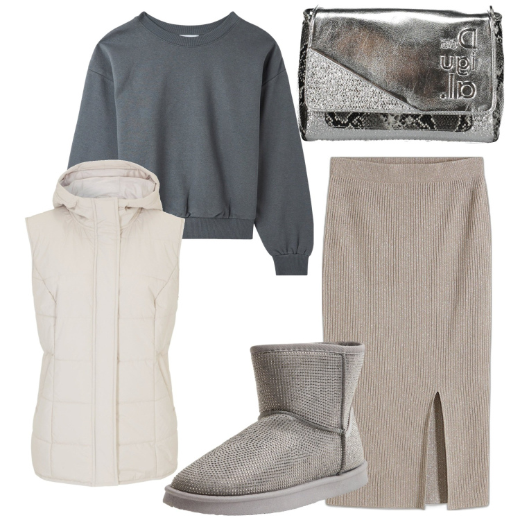 Outfit donna - Serata tra amici. Stile Chic per Serata fuori. Abbinamento con gonne, gilet, stivali, felpe, borse a spalla.