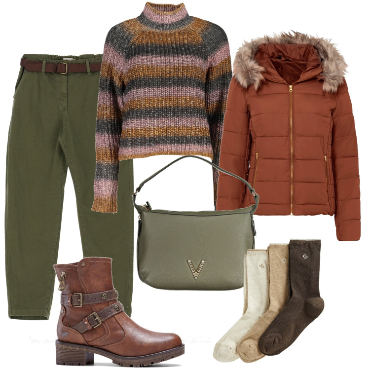 Outfit donna - Autunno inoltrato in città. Stile Casual per Tutti i giorni. Abbinamento con giacche, stivaletti, pantaloni, calzini, maglieria, borse a spalla.