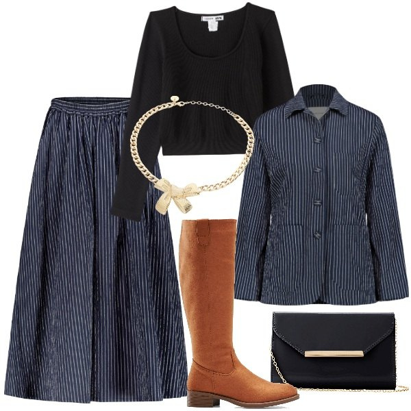 Outfit donna - Un completo da mattina a sera. Stile Trendy per Ufficio. Abbinamento con stivali, pochette, t-shirt, collane, gonne, blazer.