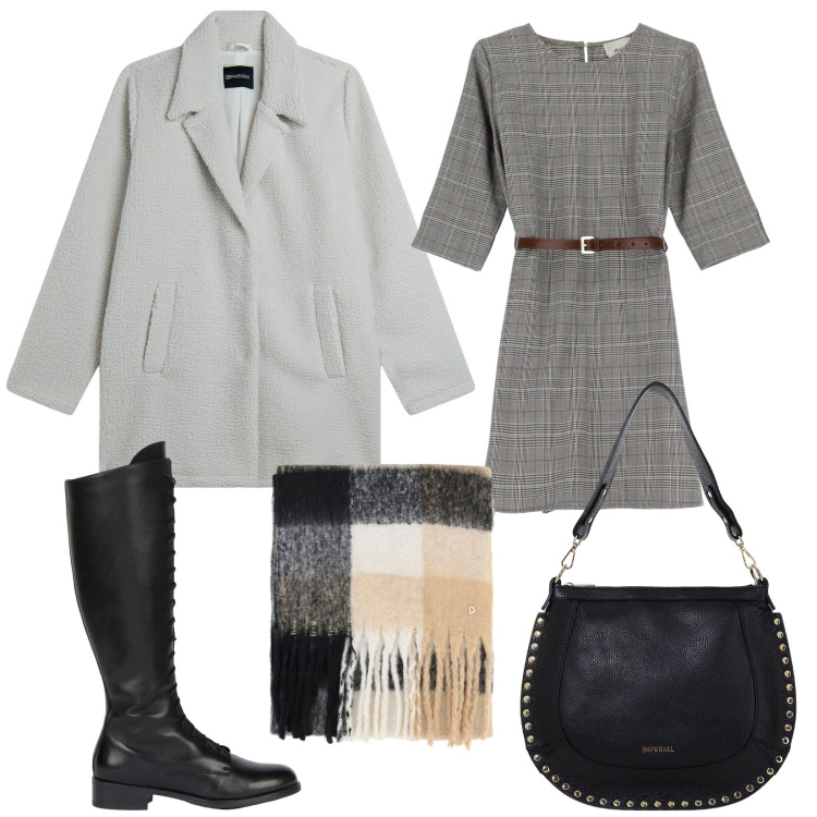 Outfit donna - Cappotto a novembre. Stile Trendy per Serata fuori. Abbinamento con borse a spalla, cappotti, vestiti corti, stole, stivali.
