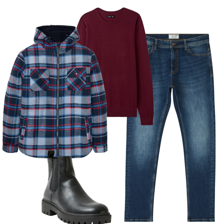 Outfit uomo - City. Stile Urban per Tutti i giorni. Abbinamento con cappotti, jeans skinny, stivali e stivaletti, maglieria.