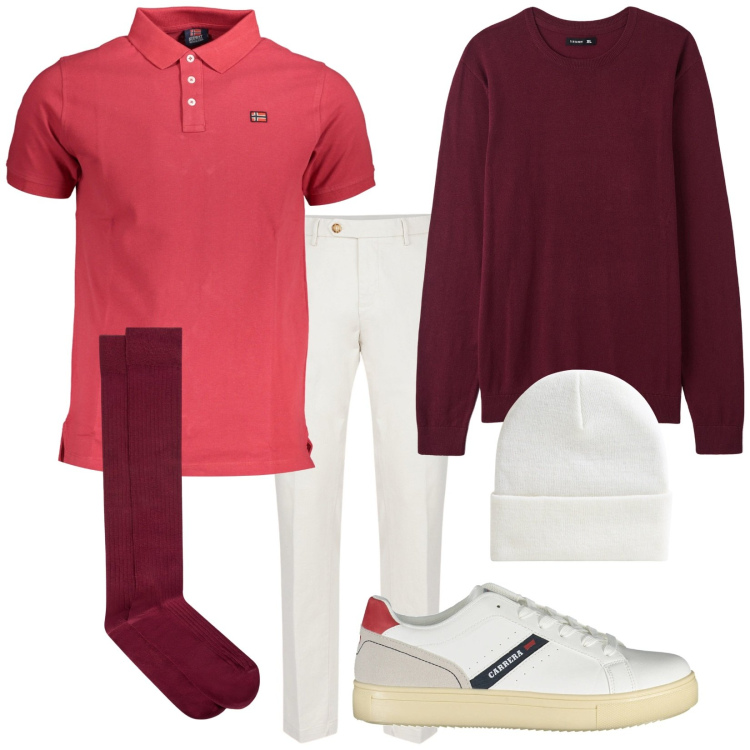 Outfit uomo - Borgogna per l\'autunno. Stile Trendy per Tutti i giorni. Abbinamento con maglieria, berretti, pantaloni chino, calzini, sneakers, polo.