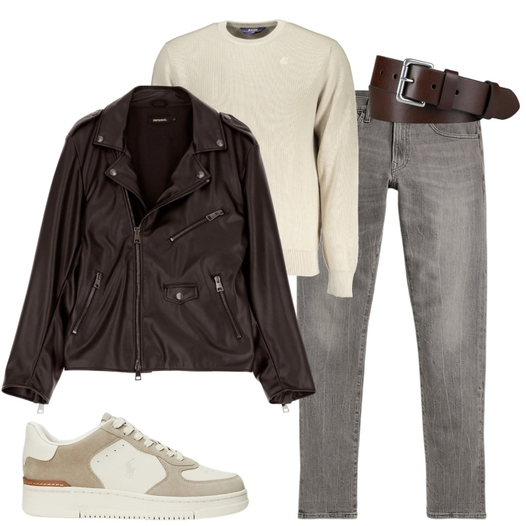 Outfit uomo - City. Stile Casual per Tutti i giorni. Abbinamento con giacche, sneakers, cinture, jeans, maglieria.