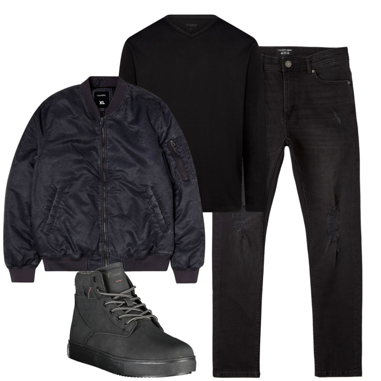 Outfit uomo - City. Stile Urban per Tutti i giorni. Abbinamento con bomber, jeans strappati, stivali, t-shirt.