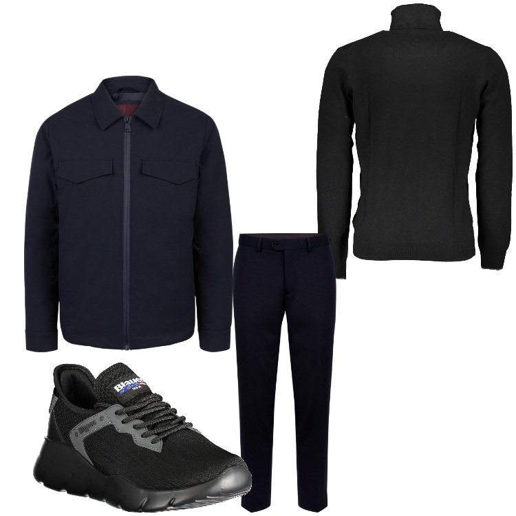 Outfit uomo - Total black. Stile Casual per Tutti i giorni. Abbinamento con pantaloni, sneakers, piumini, maglieria.