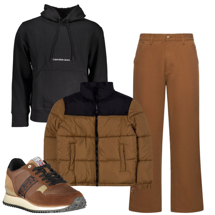 Outfit uomo - Nero e caramello. Stile Casual per Tutti i giorni. Abbinamento con giacche, felpe con cappuccio, jeans, sneakers.