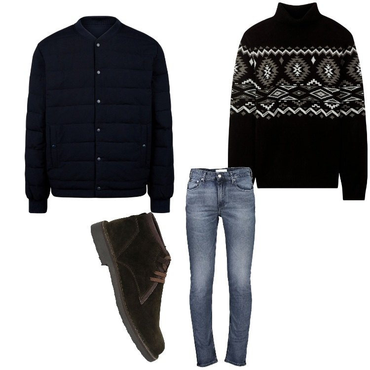 Outfit uomo - Il maglione jacquard. Stile Casual per Tutti i giorni. Abbinamento con stivali e stivaletti, maglieria, jeans, piumini.