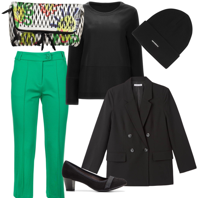 Outfit donna - Colore sul nero. Stile Urban per Tutti i giorni. Abbinamento con décolleté, blazer, berretti, pantaloni, felpe, borse a mano.