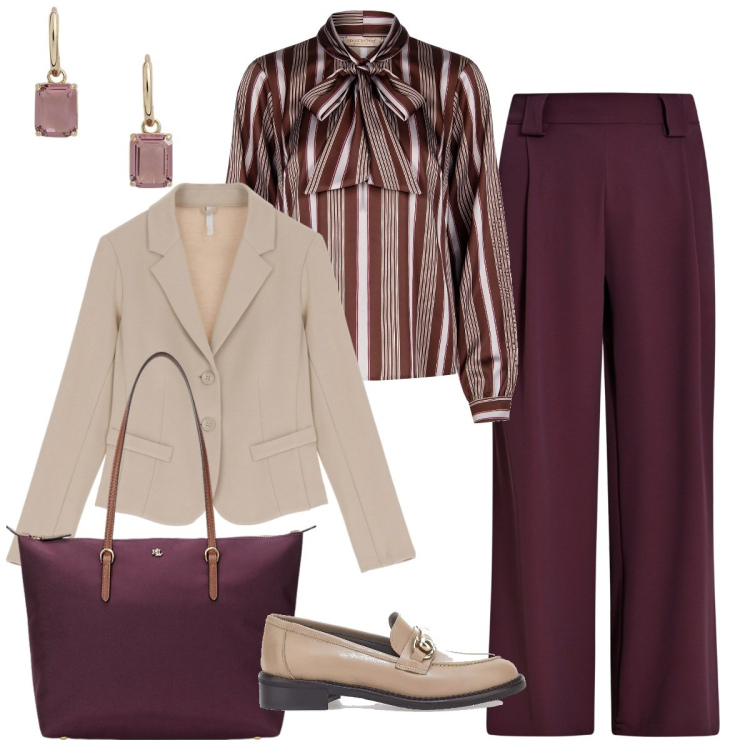 Outfit donna - Classicamente. Stile Bon Ton per Ufficio. Abbinamento con pantaloni, bluse, blazer, borse tote, orecchini, mocassini.
