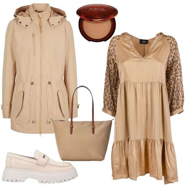 Outfit donna - Effetto color cipria. Stile Urban per Ufficio. Abbinamento con parka, mocassini, terre, vestiti, borse tote.