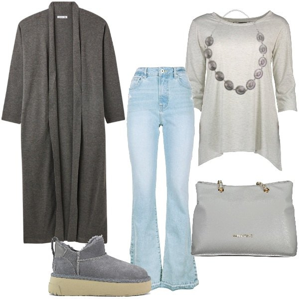 Outfit donna - Grigio e jeans. Stile Urban per Tutti i giorni. Abbinamento con cardigans, cinture, jeans bootcut, t-shirt, stivali, borse a spalla.