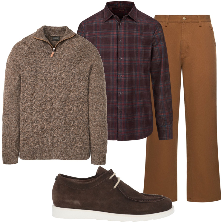 Outfit uomo - Sfumature di marrone. Stile Casual per Tutti i giorni. Abbinamento con maglieria, scarpe stringate, jeans, camicie.