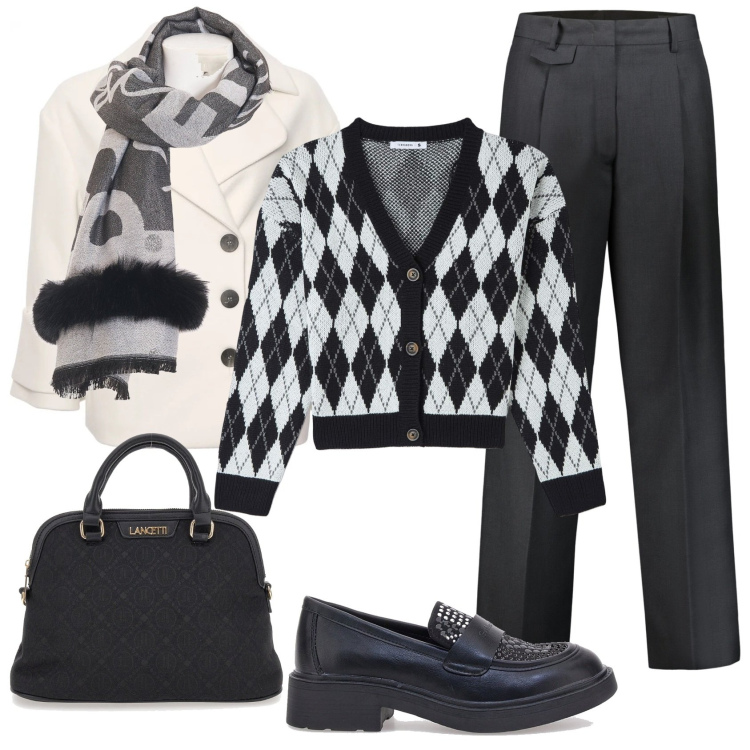 Outfit donna - Mocassini neri.. Stile Casual chic per Tutti i giorni. Abbinamento con cardigans, cappotti, sciarpe, mocassini, borse a spalla, pantaloni.