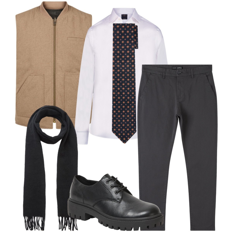 Outfit uomo - La cravatta a fantasia. Stile Business/Elegante per Ufficio. Abbinamento con pantaloni chino, scarpe stringate, sciarpe, camicie, cravatte, piumini.