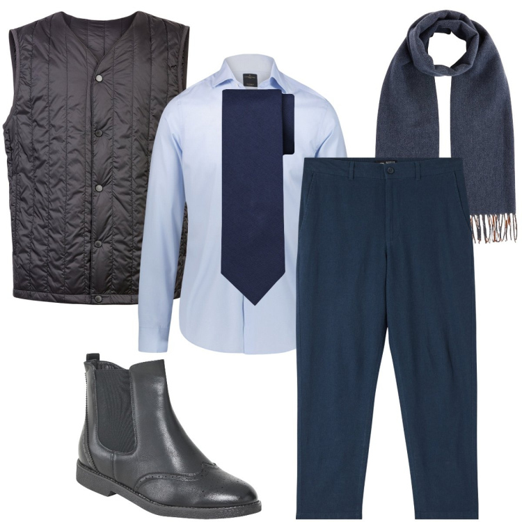 Outfit uomo - La cravatta blu. Stile Business/Elegante per Cerimonia. Abbinamento con stivali e stivaletti, pantaloni, camicie, piumini, cravatte, sciarpe.