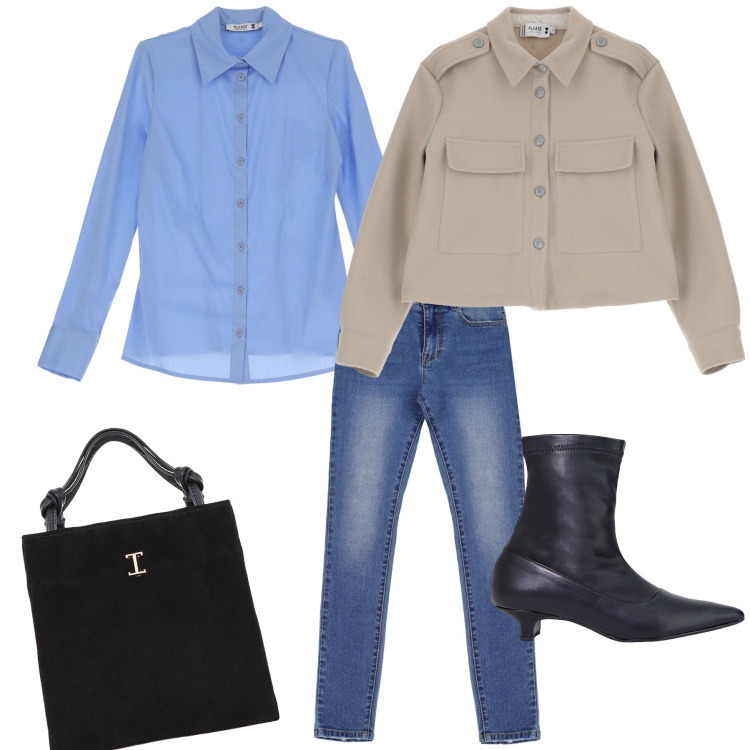 Outfit donna - Chic jeans. Stile Trendy per Tutti i giorni. Abbinamento con camicie, blazer, jeans skinny, shopping bag, stivaletti.