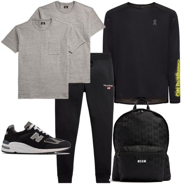 Outfit uomo - Allenamento sportivo. Stile Casual per Sport. Abbinamento con sneakers, t-shirt, pantaloni, borse sportive, t-shirt.