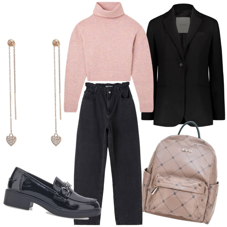 Outfit donna - Rosa pallido. Stile Mannish per Tutti i giorni. Abbinamento con blazer, jeans, maglieria, orecchini, mocassini, zaini.