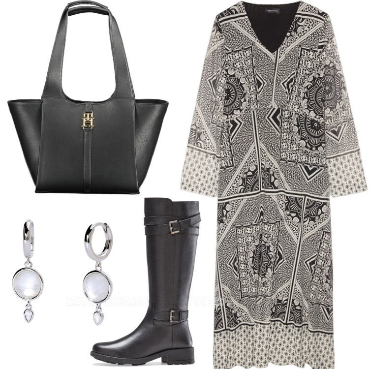 Outfit donna - Vestito lungo in tulle. Stile Etnico per Tutti i giorni. Abbinamento con stivali, orecchini, vestiti lunghi, borse a spalla.