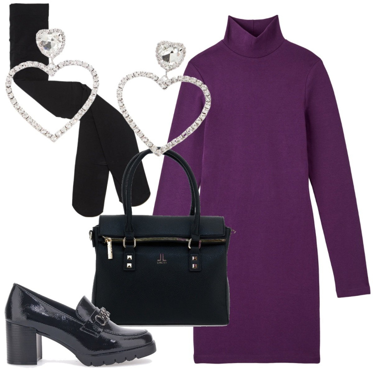 Outfit donna - Total look #2002424. Stile Minimal per Tutti i giorni. Abbinamento con collant, vestiti midi/longuette, orecchini, mocassini, borse a spalla.