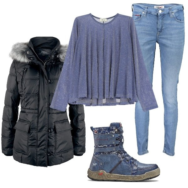 Outfit donna - In citta\'. Stile Casual per Tutti i giorni. Abbinamento con giacche, stivaletti, maglieria, jeans skinny.