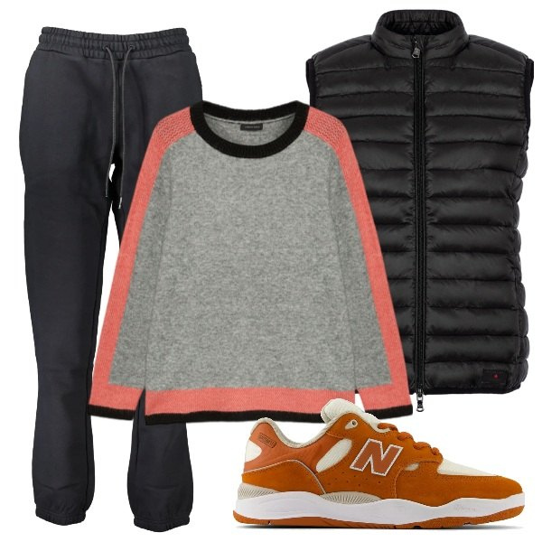 Outfit donna - Camminata al parco. Stile Casual per Tutti i giorni. Abbinamento con sneakers, piumini, maglieria, pantaloni.