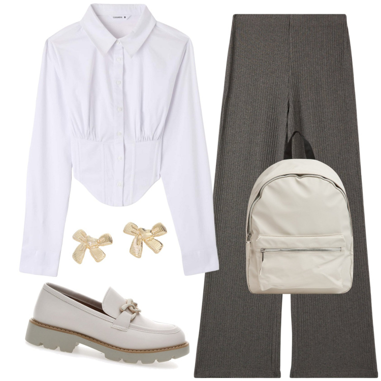 Outfit donna - Mocassini in autunno. Stile Glamour per Scuola/Università. Abbinamento con pantaloni, camicie, zaini, orecchini, mocassini.