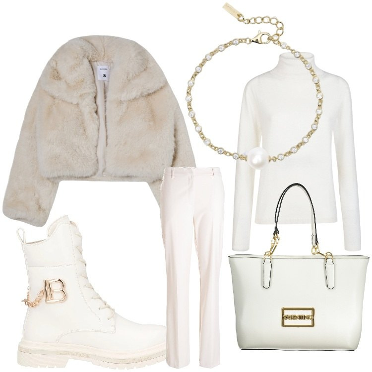 Outfit donna - Come la neve. Stile Casual chic per Tutti i giorni. Abbinamento con anfibi, blazer, braccialetti, pantaloni, maglieria, borse a spalla.