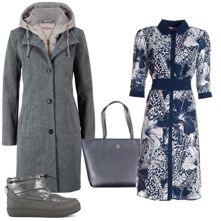 Outfit donna - Grey mood. Stile Urban per Ufficio. Abbinamento con cappotti, vestiti chemisier, stivaletti, borse a spalla.