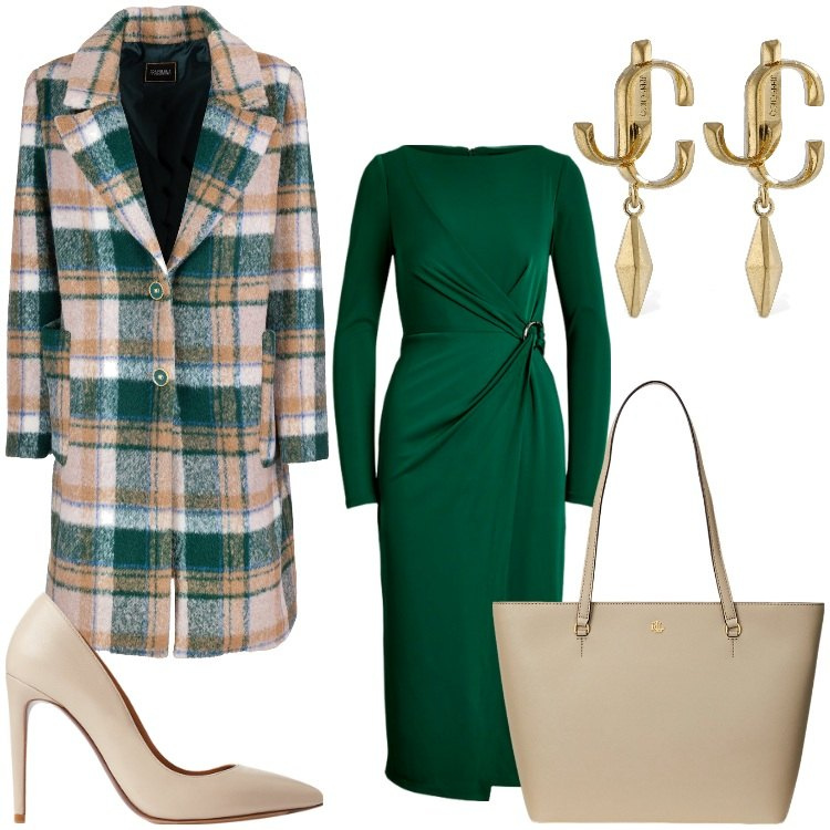 Outfit donna - Verde e quadretti. Stile Chic per Ufficio. Abbinamento con cappotti, borse tote, vestiti a tubino, décolleté, orecchini.