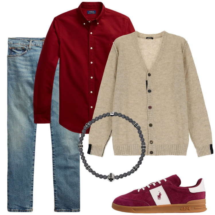 Outfit uomo - Un calice di vino. Stile Casual per Tutti i giorni. Abbinamento con braccialetti, cardigans, jeans, camicie, sneakers.