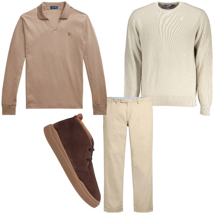 Outfit uomo - Polo e pullover. Stile Casual per Tutti i giorni. Abbinamento con stivali e stivaletti, pantaloni chino, polo, maglieria.