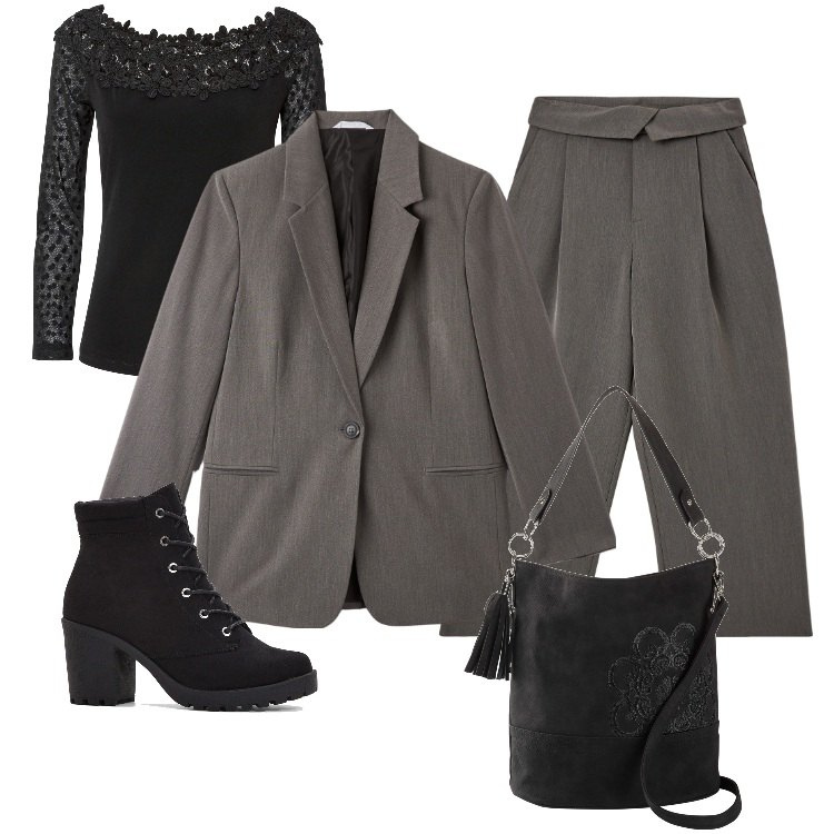 Outfit donna - Total look #2002472. Stile Boho per Ufficio. Abbinamento con stivaletti, borse a mano, maglieria, pantaloni, blazer.