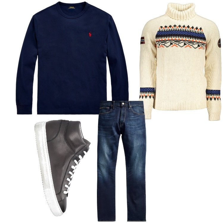 Outfit uomo - Un bel pullover. Stile Casual per Tutti i giorni. Abbinamento con sneakers alte, jeans, t-shirt, maglieria.