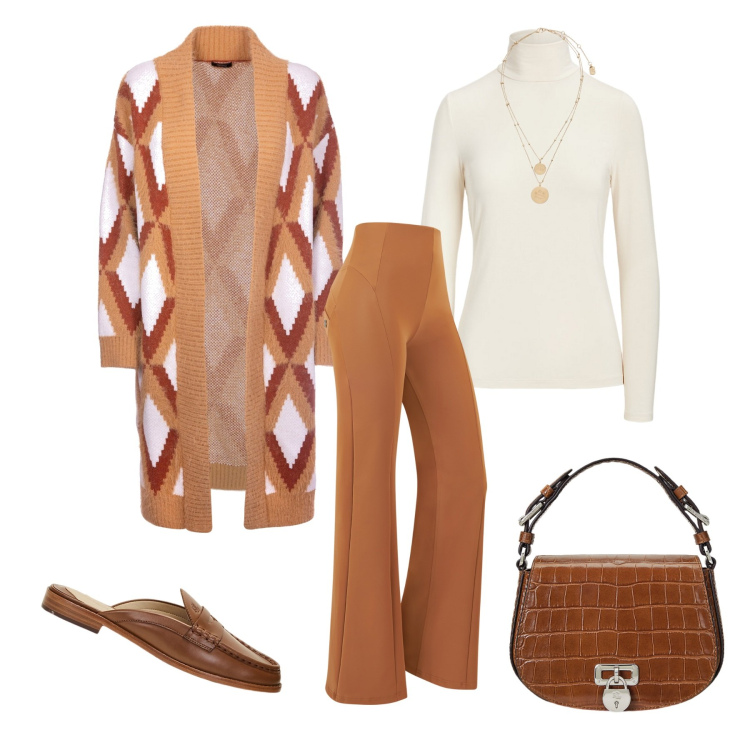Outfit donna - Total look #2002493. Stile Casual chic per Tutti i giorni. Abbinamento con cardigans, pantaloni, ciondoli, borse a tracolla, mocassini, top.