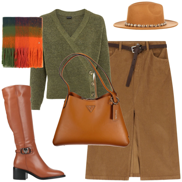 Outfit donna - City. Stile Urban per Tutti i giorni. Abbinamento con maglieria, stivali, cappelli, gonne, stole, borse a spalla.
