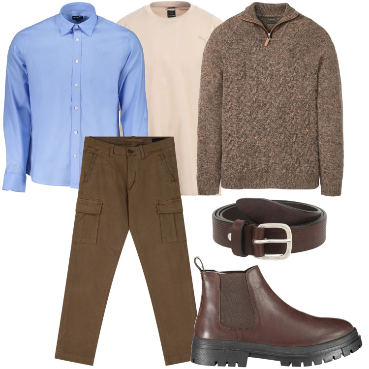 Outfit uomo - Gli stivali color cioccolato. Stile Urban per Ufficio. Abbinamento con maglieria, t-shirt, pantaloni cargo, cinture, stivali, camicie.