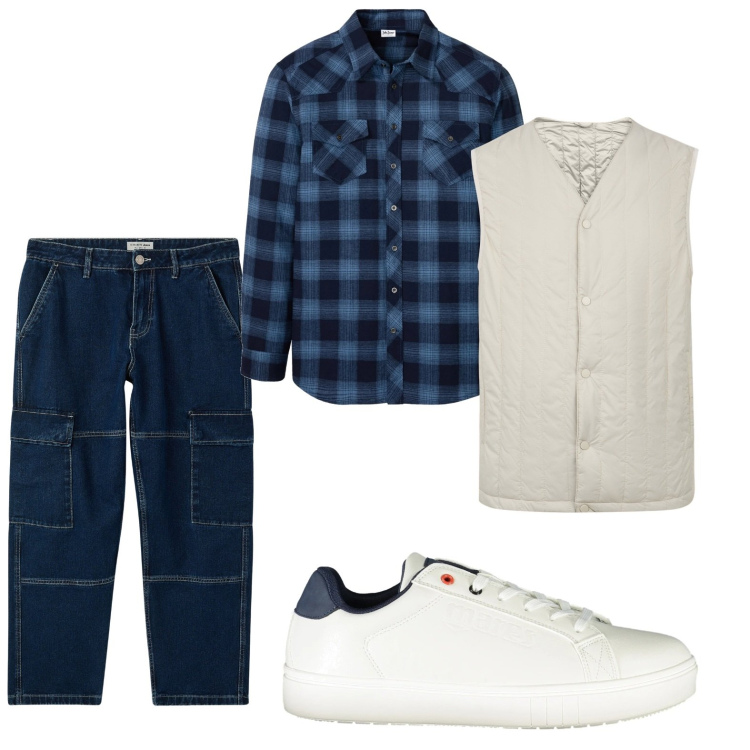 Outfit uomo - Jeans cargo in denim. Stile Trendy per Tutti i giorni. Abbinamento con camicie, jeans, piumini, sneakers.