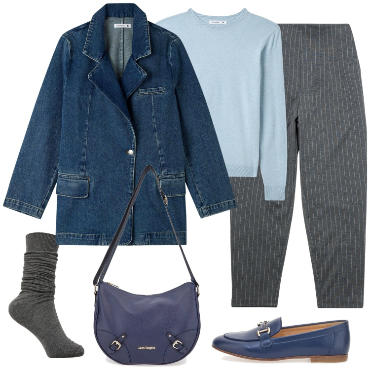 Outfit donna - Gessato e mocassini. Stile Casual per Scuola/Università. Abbinamento con blazer, pantaloni chino, maglieria, calzini, mocassini, borse a tracolla.