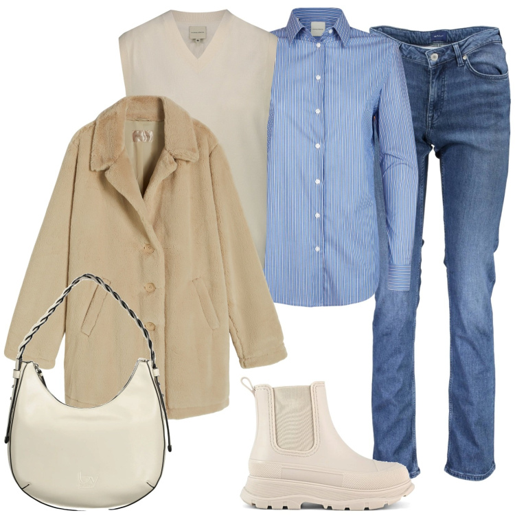 Outfit donna - Strati di ghiaccio. Stile Casual per Tutti i giorni. Abbinamento con cappotti, stivali, maglieria, jeans, camicie, borse a spalla.