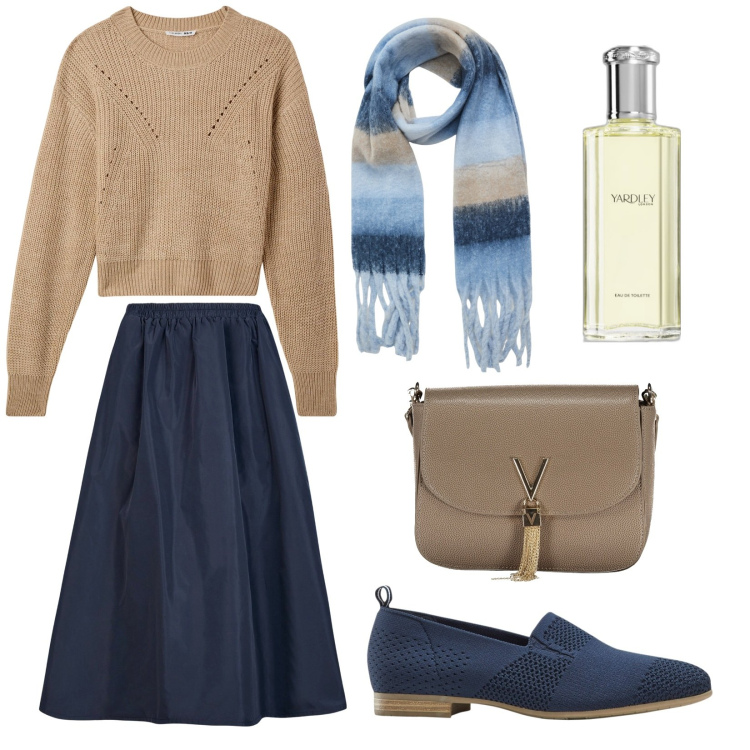 Outfit donna - Coordinata. Stile Casual chic per Tutti i giorni. Abbinamento con mocassini, profumi, maglieria, sciarpe, gonne lunghe, borse a spalla.