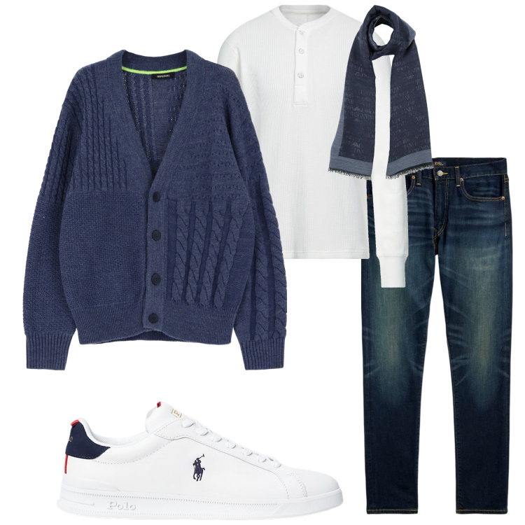 Outfit uomo - In ufficio. Stile Urban per Ufficio. Abbinamento con sciarpe, t-shirt, cardigans, sneakers, jeans.