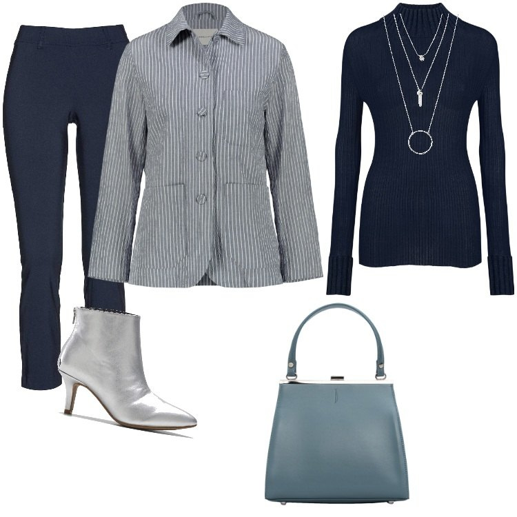 Outfit donna - Total look #2002519. Stile Urban per Ufficio. Abbinamento con ciondoli, pantaloni, stivaletti, maglieria, blazer, clutch.