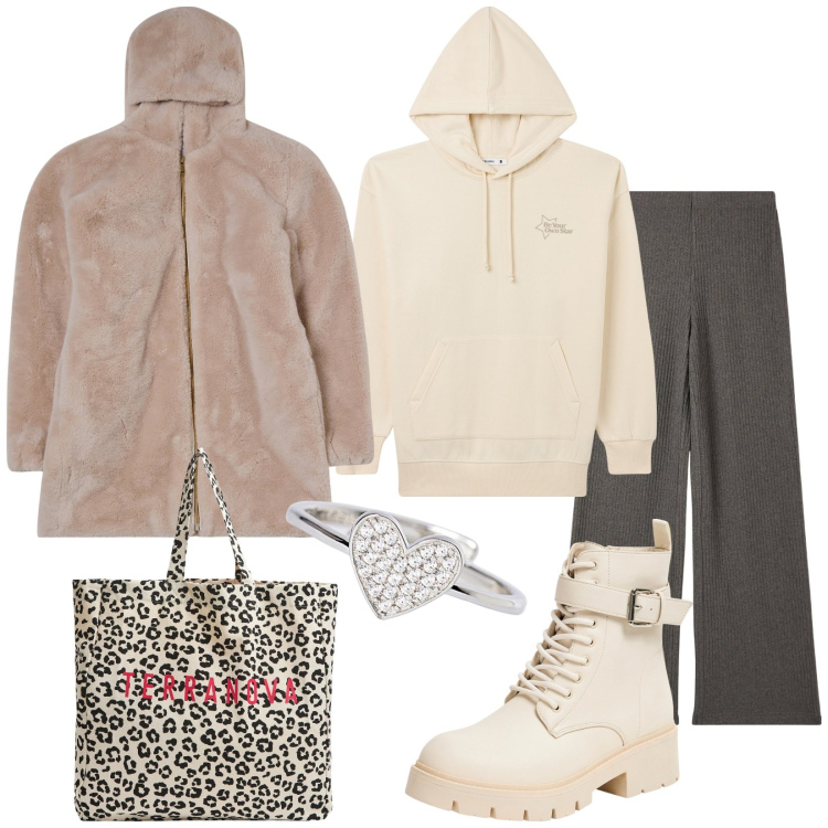 Outfit donna - Terranova style. Stile Casual per Tutti i giorni. Abbinamento con felpe con cappuccio, ecopellicce, pantaloni, anfibi, shopping bag, anelli.