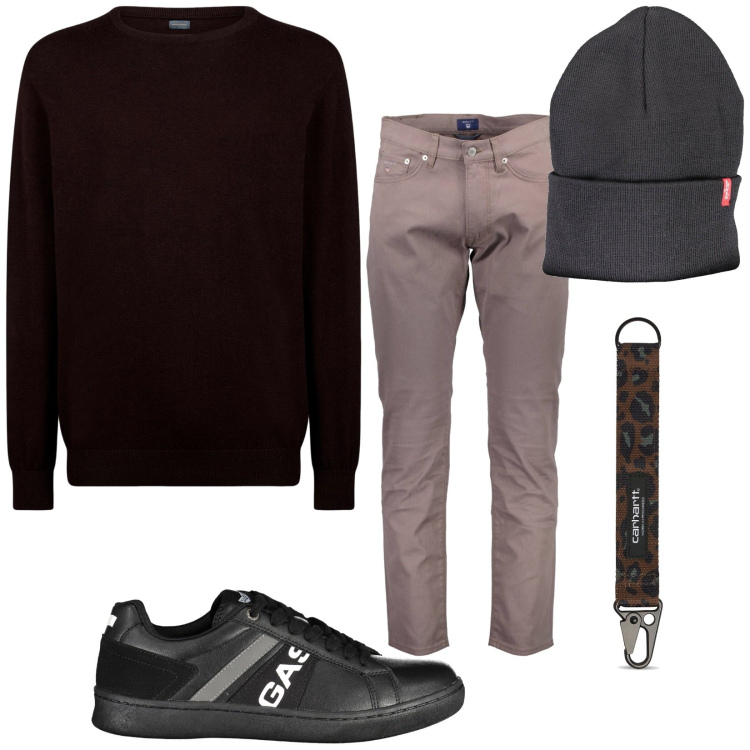 Outfit uomo - Il Maglione. Stile Casual per Tutti i giorni. Abbinamento con maglieria, berretti, pantaloni, sneakers, portachiavi.