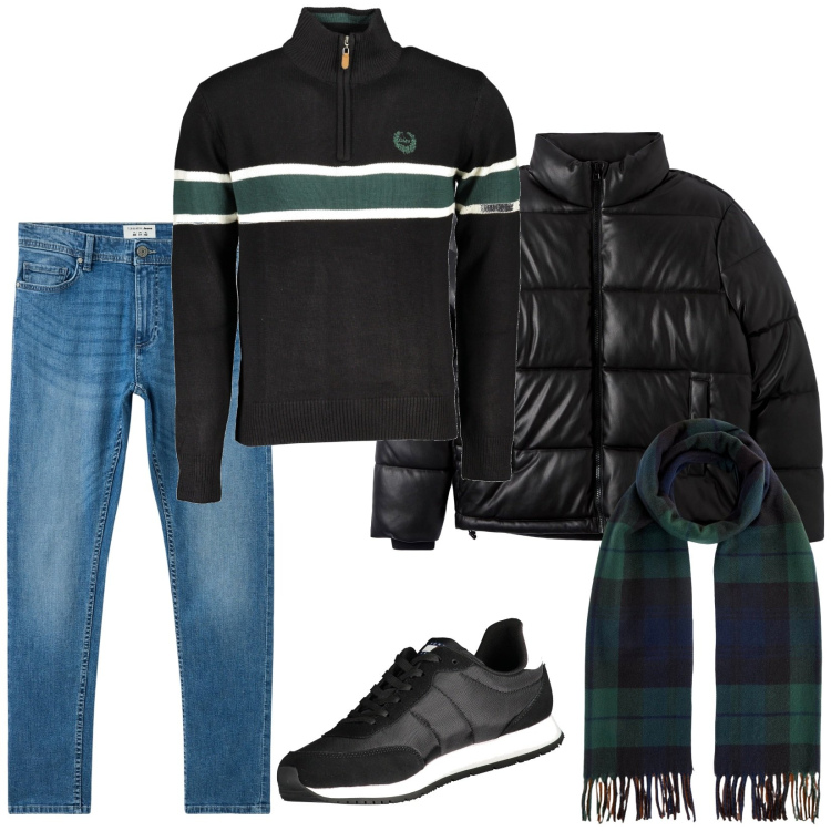 Outfit uomo - Total look #2002535. Stile Casual per Tutti i giorni. Abbinamento con jeans skinny, piumini, sciarpe, sneakers, maglieria.