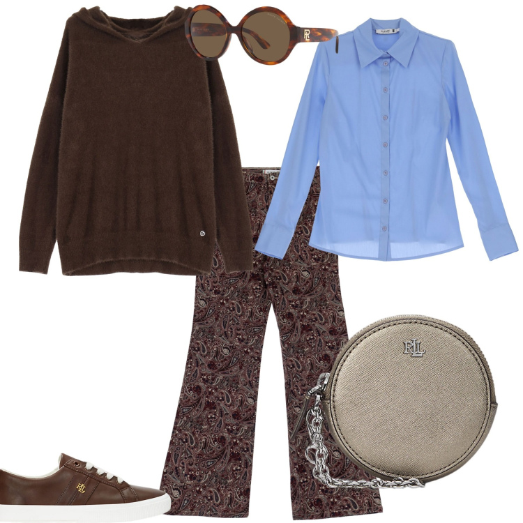 Outfit donna - Total look #2002537. Stile Trendy per Ufficio. Abbinamento con camicie, felpe con cappuccio, pantaloni, occhiali da sole, sneakers, pochette.