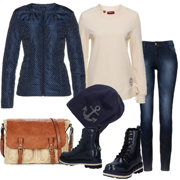 Outfit donna - Copriti bene. Stile Basic per Scuola/Università. Abbinamento con jeans skinny, felpa con lacci in pile beige, piumino a pois con scollo blu, berretto con strass jersey blu, stivaletti, borsa a tracolla beige.